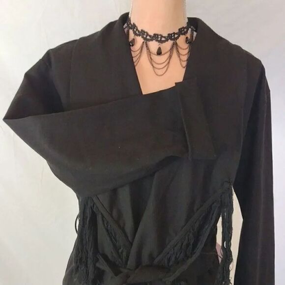 Y2K Black Western Chic Front Fringe Waterfall Belted Midi Jacket Small NWT - Picture 8 of 17